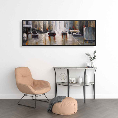 Cars in the Morning Rain | Brown Industrial Framed Canvas Decor