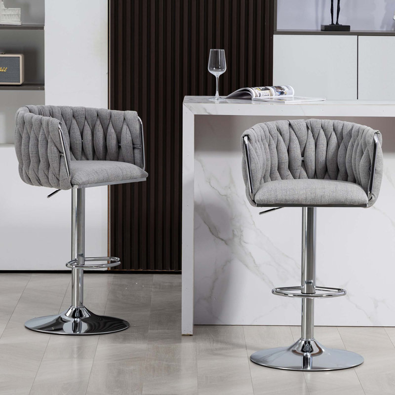 Tabouret de bar pivotant à hauteur ajustable avec dossier tissé et repose-pieds, Gris