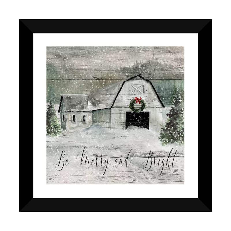 «Merry and Bright Barn» par Carol Robinson - reproduction imprimée, H 24 po x l 24 po x p 1 po, Papier encadré noir, Blanc