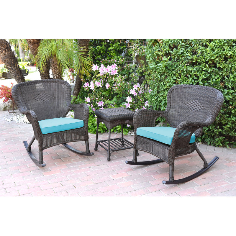 Chaise berçante en osier et table de bout avec coussins Windsor, Espresso, Bleu ciel