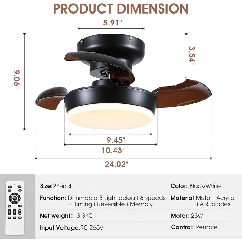 Ventilateur de plafond rétractable sans pales 24 "avec lumière et télécommande, Noir