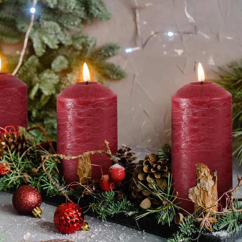 3 Pack Gold Flameless Pillar Candles with Remote: Flickering, Real Textured Wax, Battery-Operated LED Candles, Red