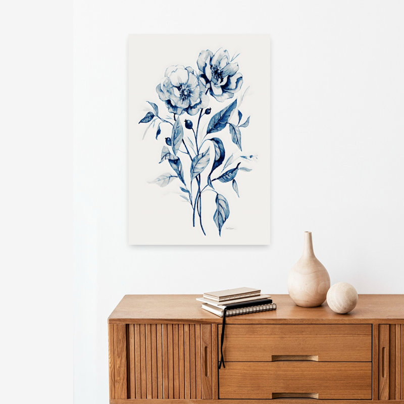 Indigo, roses sauvages I, délicat, pivoine éthérée, nature, art mural, H 24 po x l 16 po