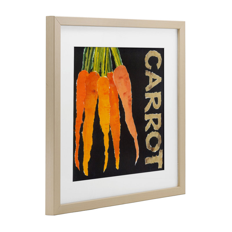 Carrot Root Vegetable Framed Print Under Glass, design by Nancy Overton, 16" H x 16" W, Harvest Pine Frame
