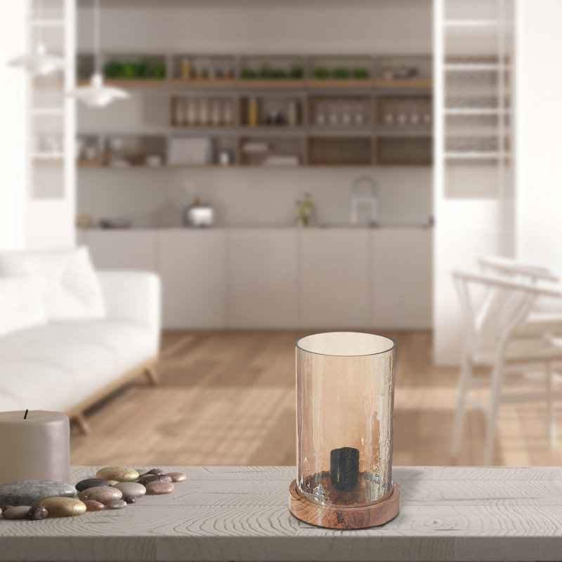 Luminaire en verre bullé avec base en bois, Ambre