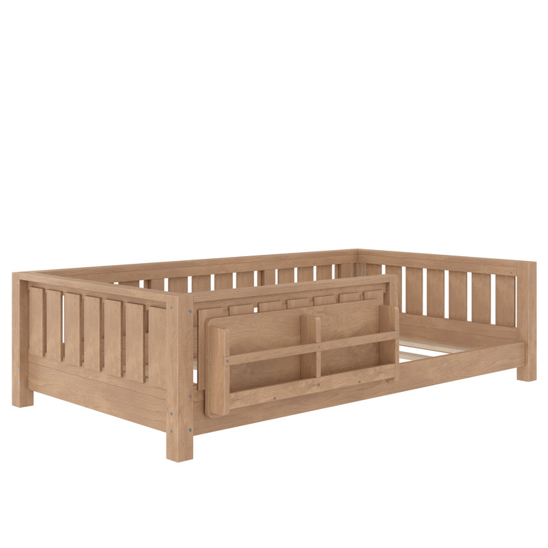 Lit simple avec bibliothèque intégrée, garde-corps de sécurité et plancher à profil bas, naturel, Naturel, Lit simple