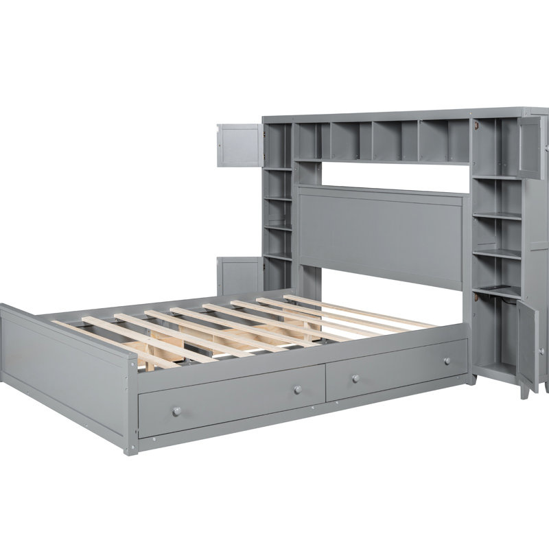 Practical Queen Bed With Built-In Cabinet, Shelf And Socket Facilities - Gray Marvelous Arrangement, Gray