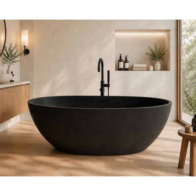 62.8" x 30.3" Black Concrete Oval Deep Soaking Freestanding Bathtub