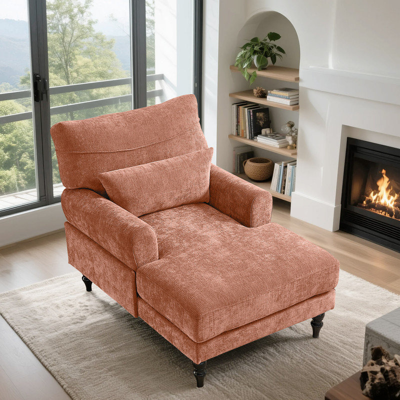Modern Chenille Chaise Lounge Chair with Lumbar Pillow, Orange