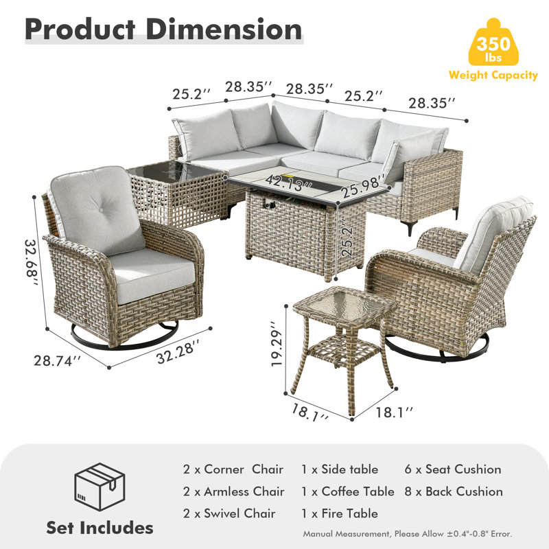 Emroy 6 - Person Outdoor Wicker Sectional Seating with Swivel Chairs, Modern Modular Rattan Conversation Set with Cushions
