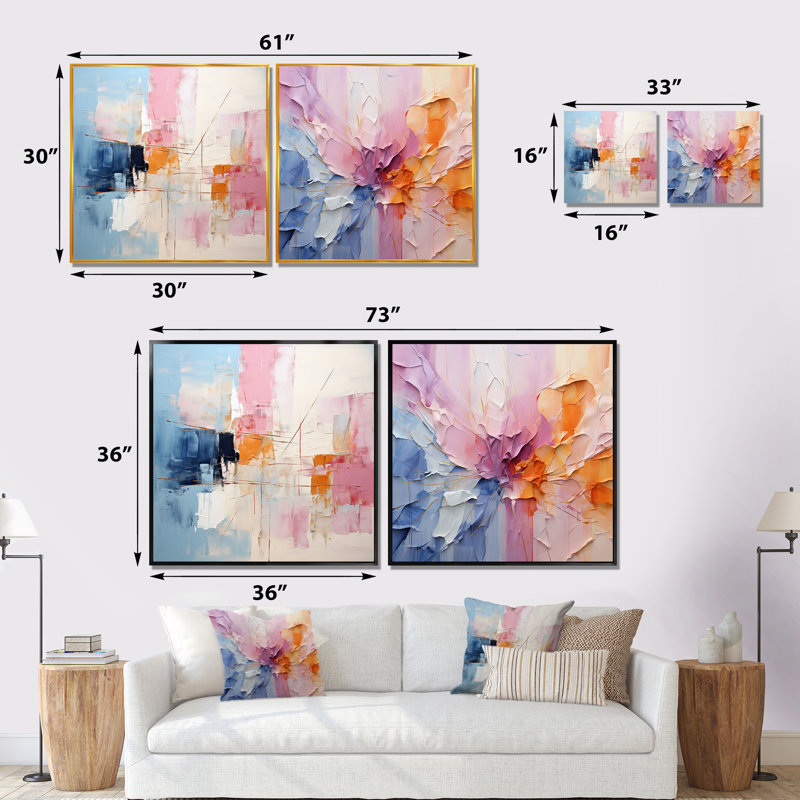 Patchwork abstrait - Ensemble de 2 collages abstraits carrés, Cadre flottant noir, H 16 po x l 33 po