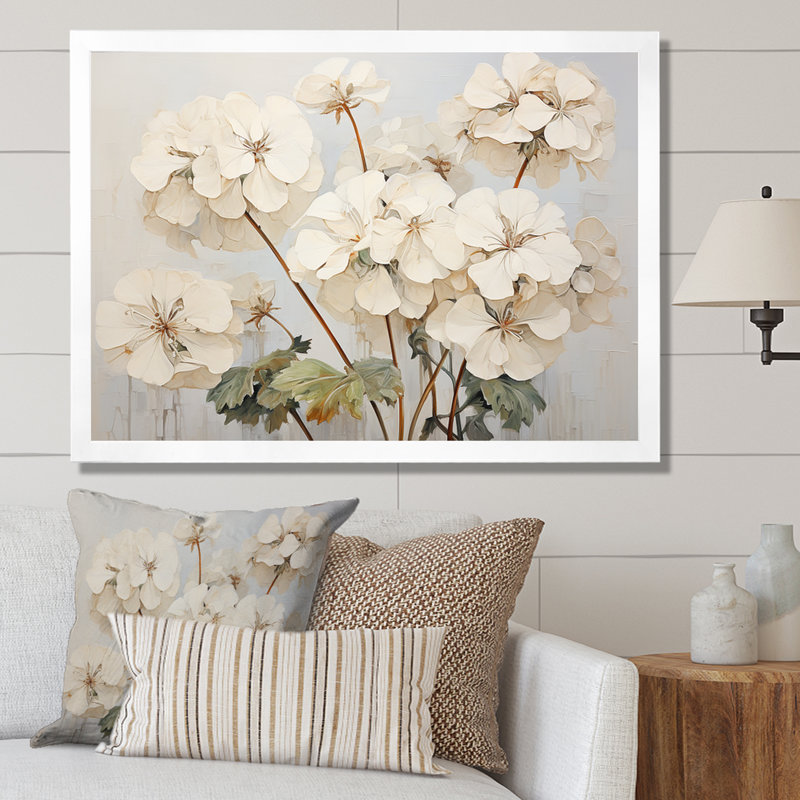 Minéralisme beige géraniums IV - imprimé, H 34 po x l 44 po x P 1,5 po, Cadre simple blanc