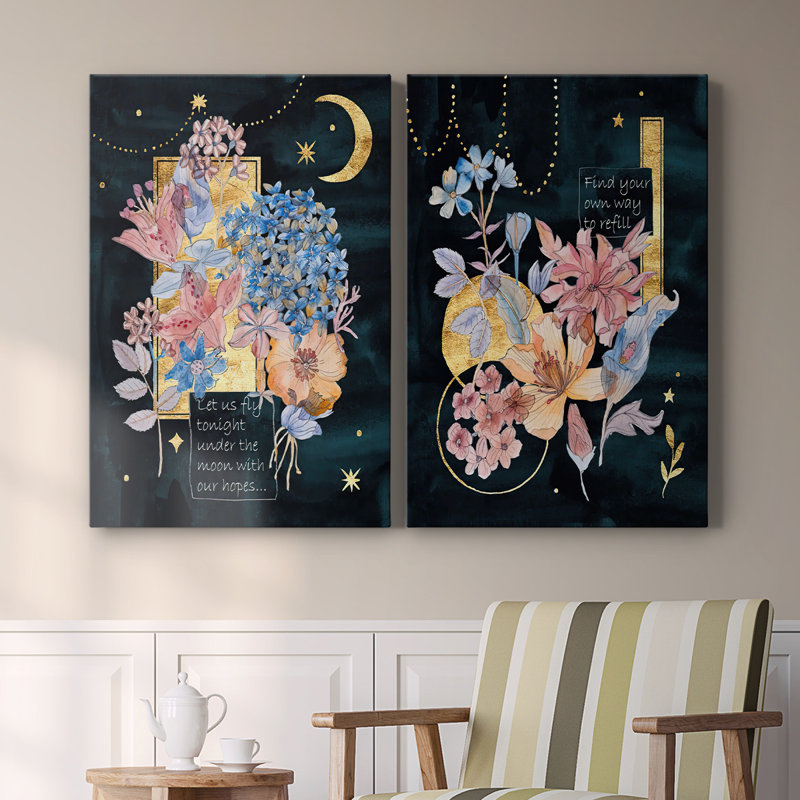 Fleurs au clair de lune I - Toile tendue avec châssis de qualité supérieure - Prêt à accrocher, H 18 po x l 24 po