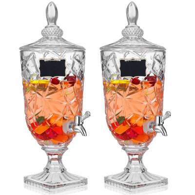 Distributeur de boissons pour les fêtes, distributeur de boissons en verre, distributeur de boissons glacées en cristal rétro avec robinet et 2 desserte en bois à large ouverture pour tableau noir, 2 pièces (transparent)