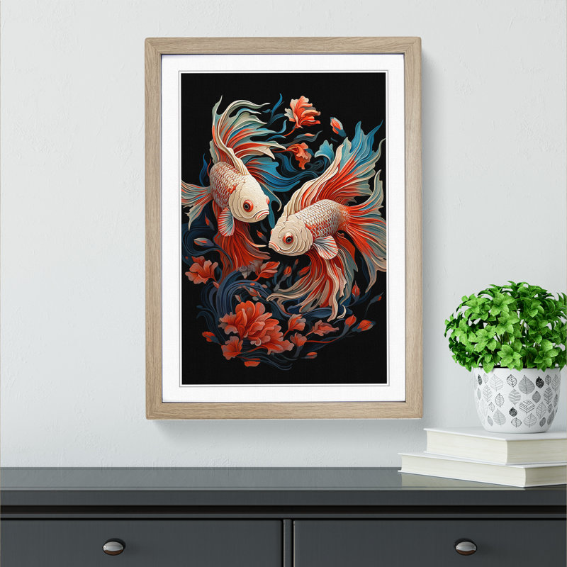 Siamese Fighting Fish No.3 - Single Picture Frame Print on Wood, Oak Framed, 46cm H x 34cm W