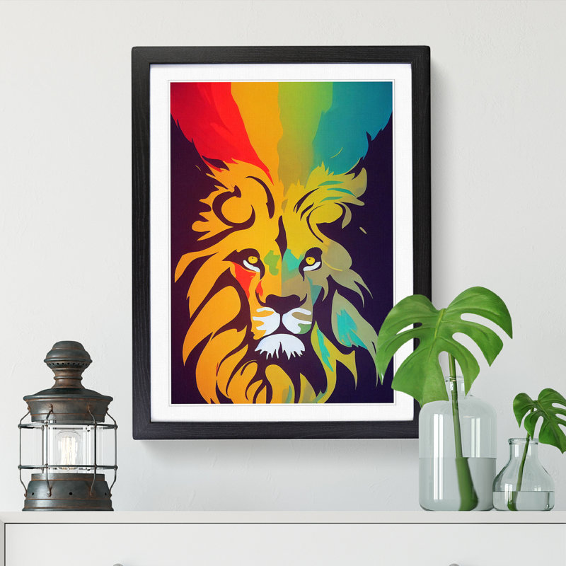 Lion Paint Dabs - Single Picture Frame Print, Black, 64cm H x 46cm W x 2cm D