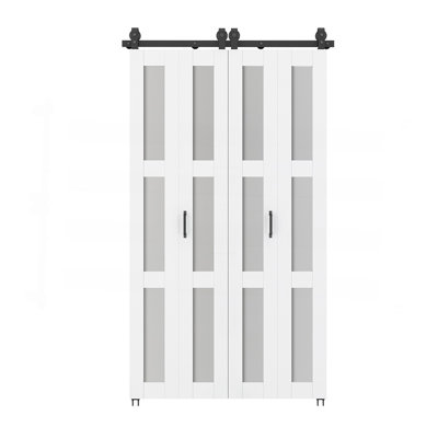 48 po X 84 po 3 portes de grange doubles en MDF pré-assemblées en verre givré blanc avec trousse de quincaillerie et poignée de porte 3 Lite