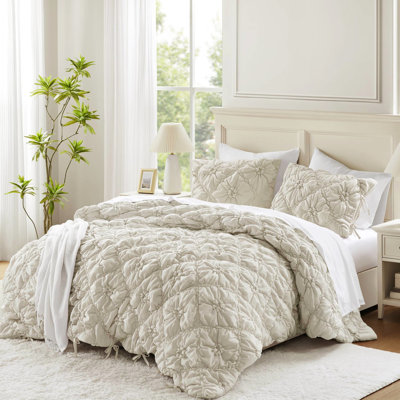 Édredon pour lit double / grand 3 pièces, joli matelassage floral, ruche élastique, - Standard 100 texturé avec détails à nouer, douceur semblable au nuage, lavable à la machine