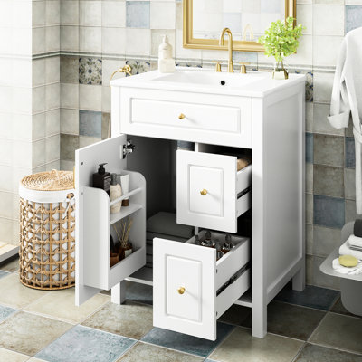 Meuble-lavabo blanc de 61 cm (24 pouces) avec lavabo en céramique, tiroirs à fermeture douce, rangement astucieux pour articles de toilette, grande durabilité, double tablette sur la porte, montage facile
