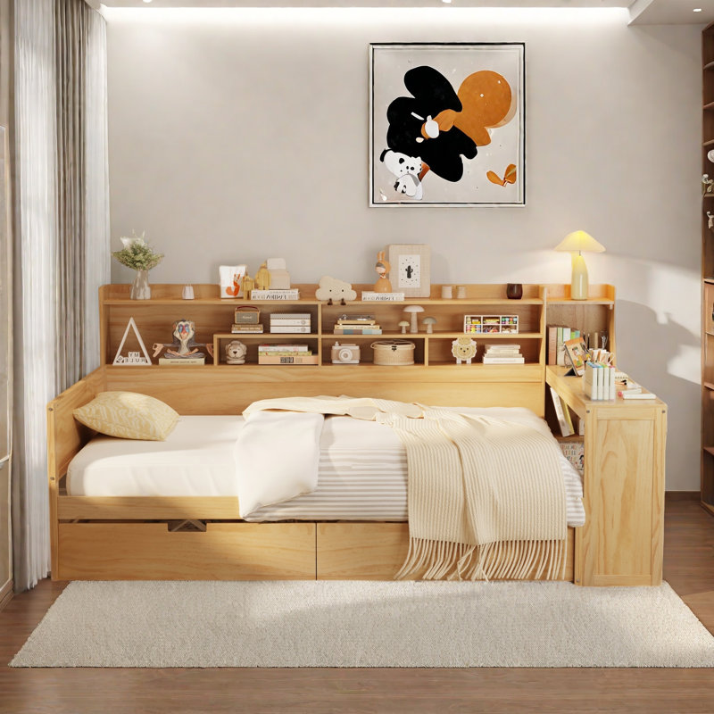 Multifunctional Wooden Daybed With Storage Shelves, Study Desk And 2 Drawers, Natural, Full/Double
