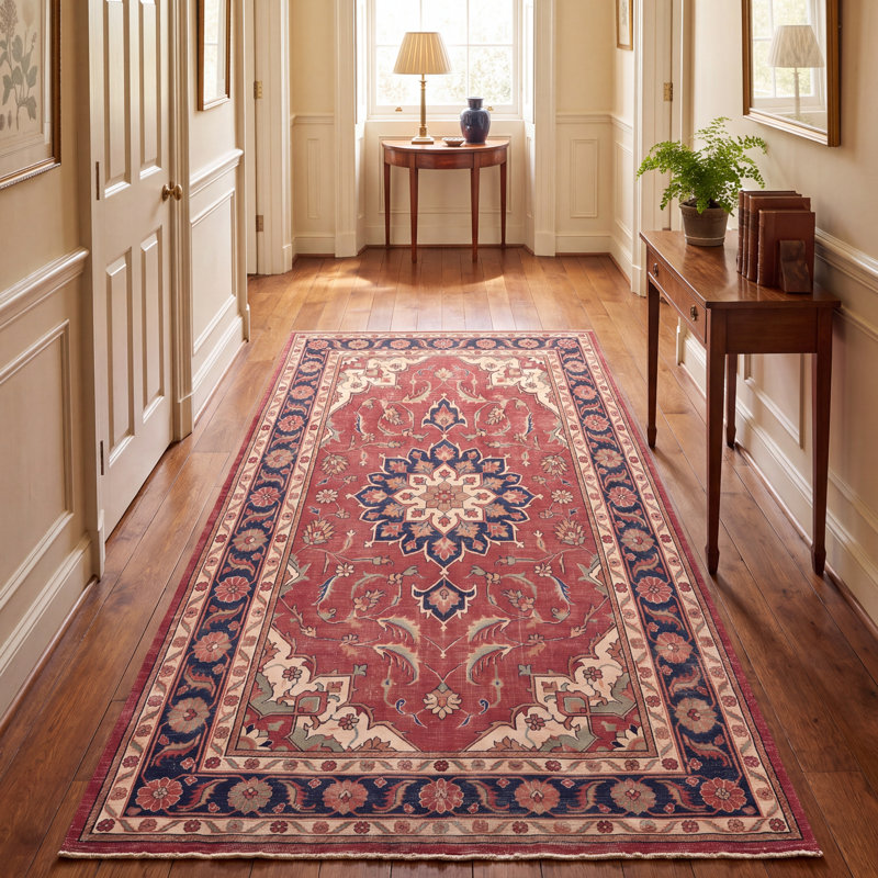 Tapis Cliff traditionnel à médaillon délavé de style persan, bleu marine, orange, or, vert, crème, ivoire, lavable à la machine, antidérapant, à poils courts, pour intérieur et extérieur, adapté aux animaux domestiques, idéal pour le salon, la chambre, la salle à manger, l'entrée, le couloir ou le bureau.