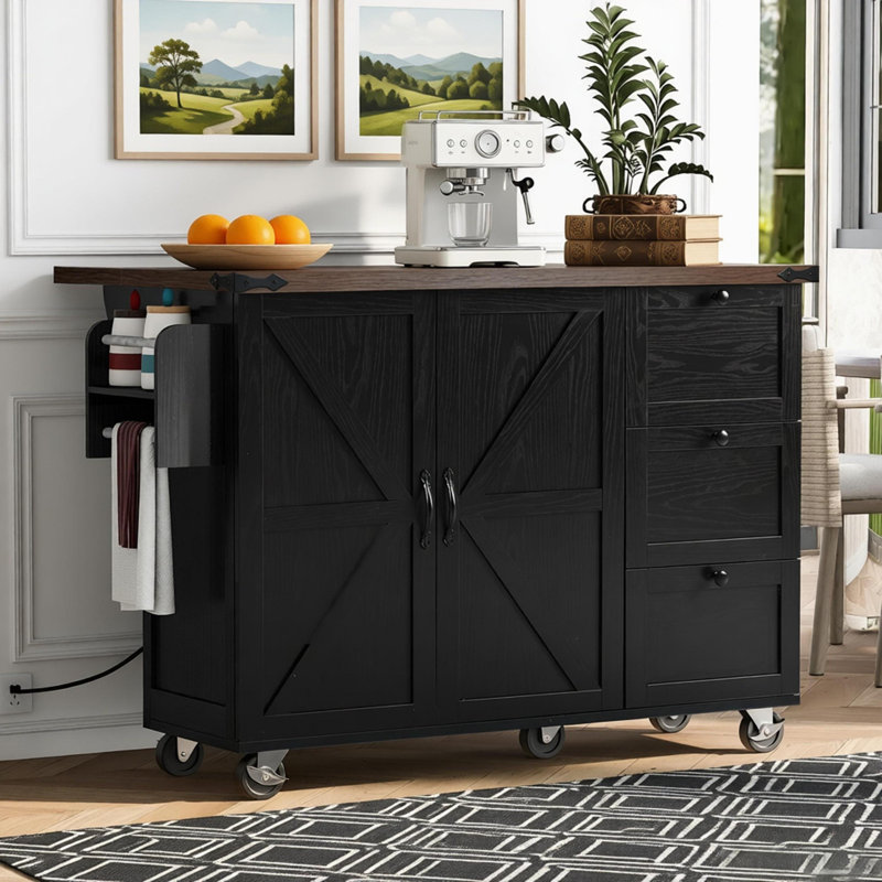 54.5" Farmhouse Kitchen Island With Power Outlet, Kitchen Storage Island With Internal Storage Rack, Drop Leaf, Spice Rack, Rolling Kitchen Cart On Wheels, For Home, Kitchen And Dining Room,black