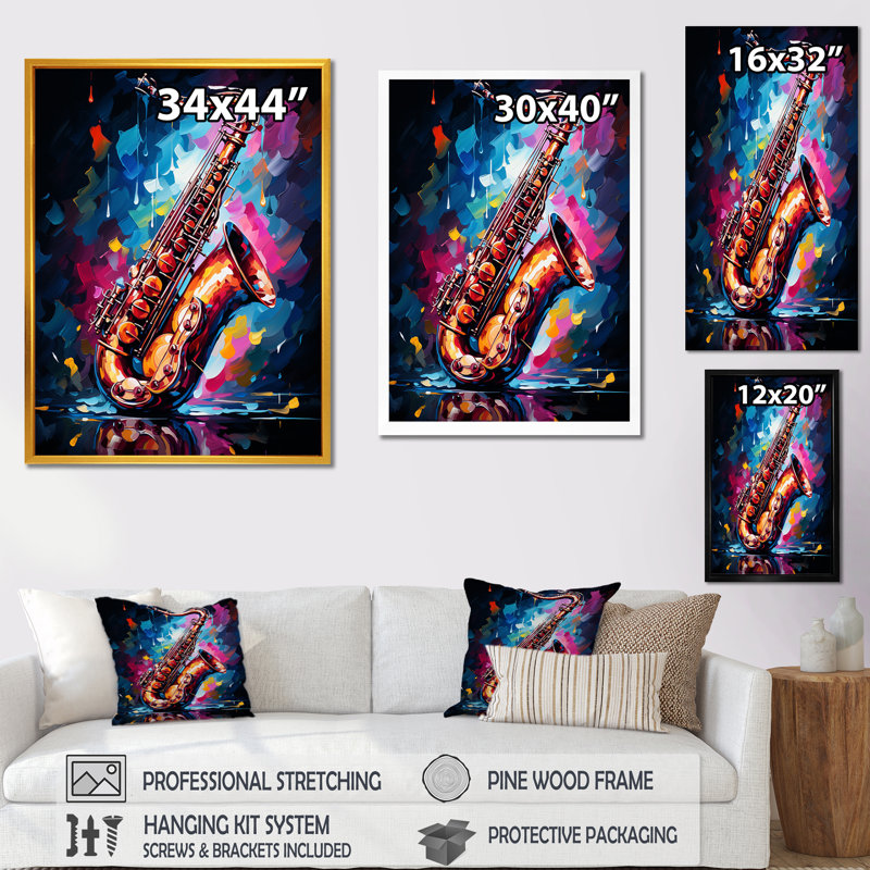Blue Vibrant Saxophone Rythme - musique, art mural, Cadre flottant doré, H 32 po x l 24 po x P 1 po