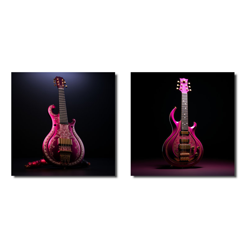 Guitare moderne en majestueux magenta - ensemble de 2 collages carrés de musique, Toile tendue, H 16 po x l 33 po