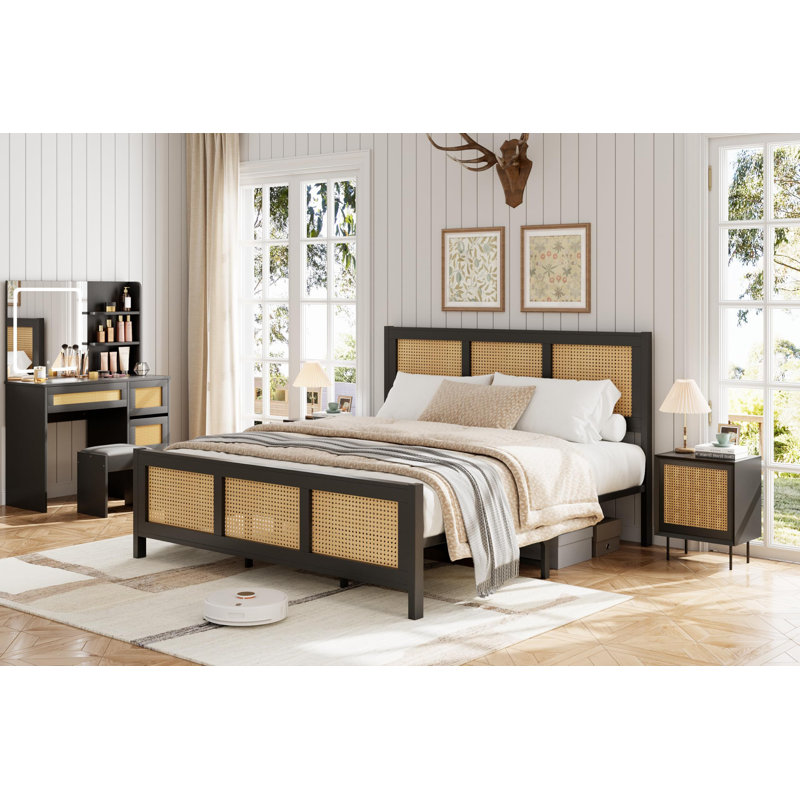 Queen Black Wood and Rattan Platform Bed Frame with Headboard