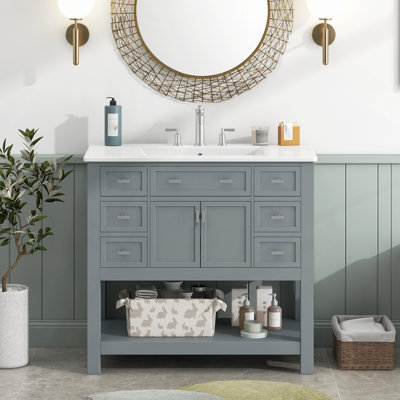 Meuble-lavabo 36 po avec lavabo supérieur, armoire de rangement moderne avec 2 portes à fermeture douce et 6 tiroirs, meuble-lavabo simple