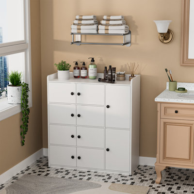 Armoire de rangement de plancher de salle de bain, unité de rangement de salle de bain, armoire autoportante avec 10 portes, grand espace de rangement en bois
