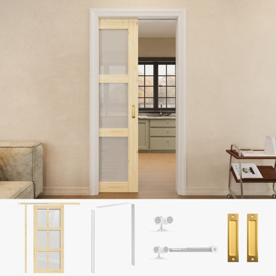 Porte en bois de pin massif de 24 po x 80 po à 3 portes coulissantes en verre givré avec quincaillerie argentée et cadre blanc