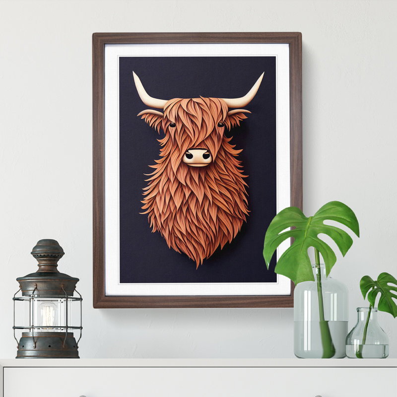 Bust of a Highland Cow - Wall Art, 66cm H x 48cm W x 2cm D, Walnut Framed, White