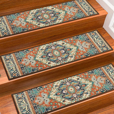 Navy Blue Stripes Stair Treads For Wooden Steps Indoor, Non