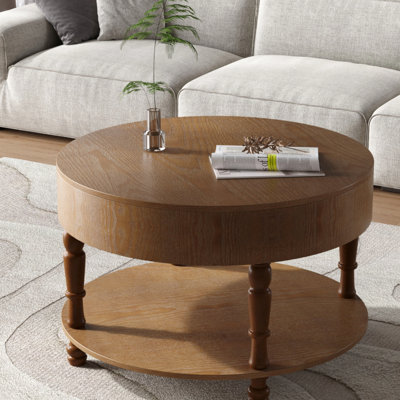 Table basse ronde en bois massif de 17,27 po de hauteur, 31,5 po, moderne Mid-Century, noir, rangement ouvert, support, diamètre américain à assemblage rapide, tablette de rangement à 2 niveaux, pieds, garniture décorative perlée