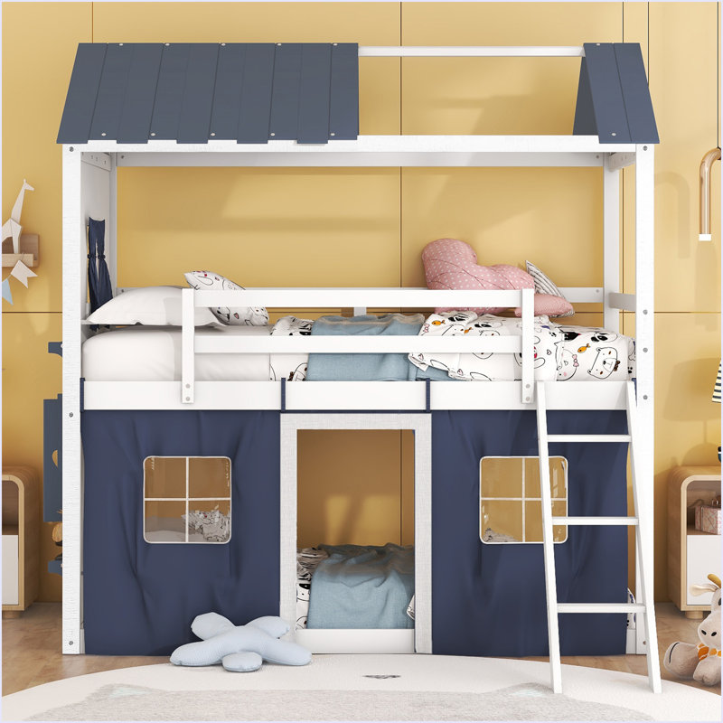 Lit superposé en bois avec fenêtres élégantes, Bleu, Lit simple