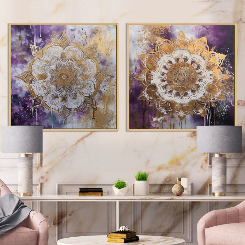 Mandala mauve et doré - ensemble de 2 collages carrés bohème, Cadre flottant brun, H 16 po x l 33 po