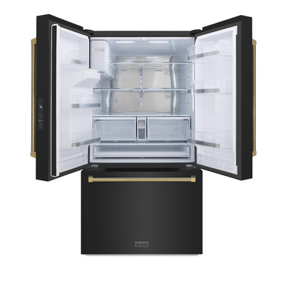 ZLINE Autograph 36 in. Standard-Depth Fridge w/ Dual Ice Maker in Black Steel & Gold Helix Handles