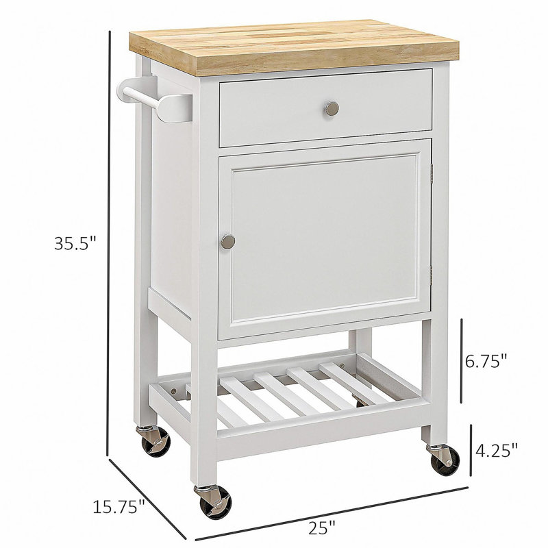 Chariot de cuisine pratique, îlot de cuisine roulant avec plateau en bois d'hévéa lisse, avec surface de coupe étroite sur les roues, tiroirs de rangement et armoires, blanc