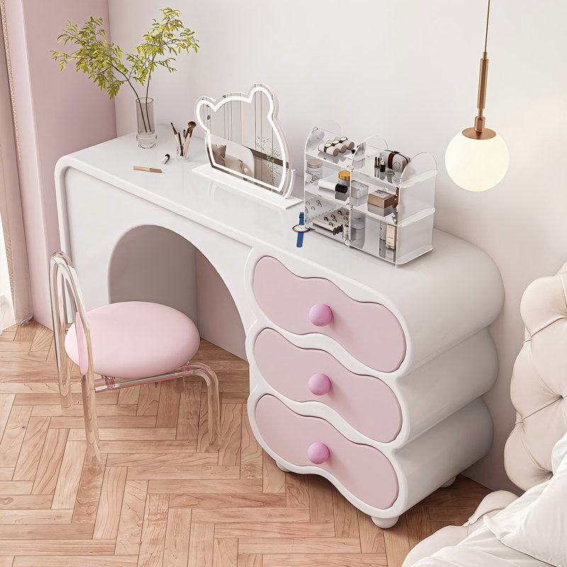 Meuble-lavabo moderne 55,12 po blanc et rose avec miroir et tabouret de maquillage