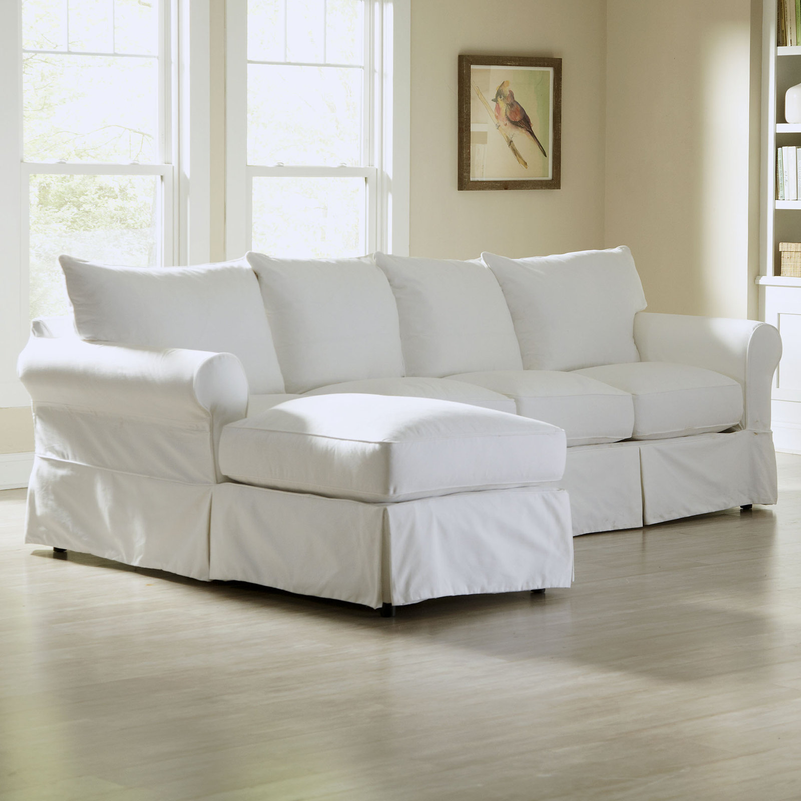 Amari Slipcovered Sectional with Sleeper Sofa, Classic Bleach White Twill, Left Hand Facing