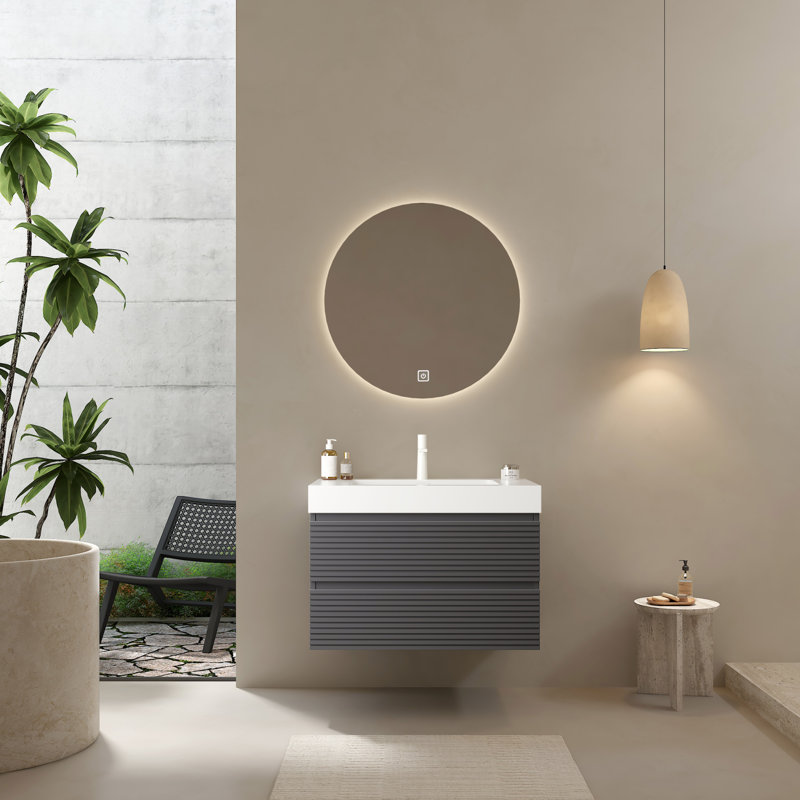 Meuble-lavabo 30 po avec lavabo encastré, meuble de rangement mural moderne rayé en contreplaqué flottant avec 2 tiroirs, lavabo rectangulaire intégré blanc sans robinet, meuble-lavabo