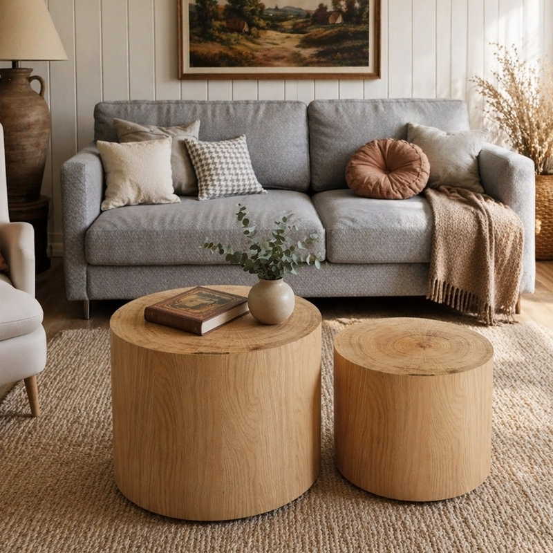 Ensemble de 2 tables basses gigognes, tables basses rondes modernes, tables d'appoint circulaires en bois pour petits espaces, salon, balcon, table d'appoint, tambour, bois naturel et véritable arbre