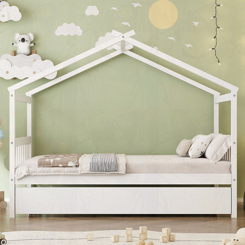 Lit en bois avec lit gigogne simple, Simple, Blanc
