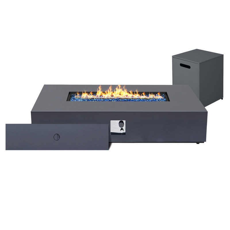 56 inch Outdoor Rectangle Fire Pit Table Propane Iron Firepit for Outside Patio with Tank Cover