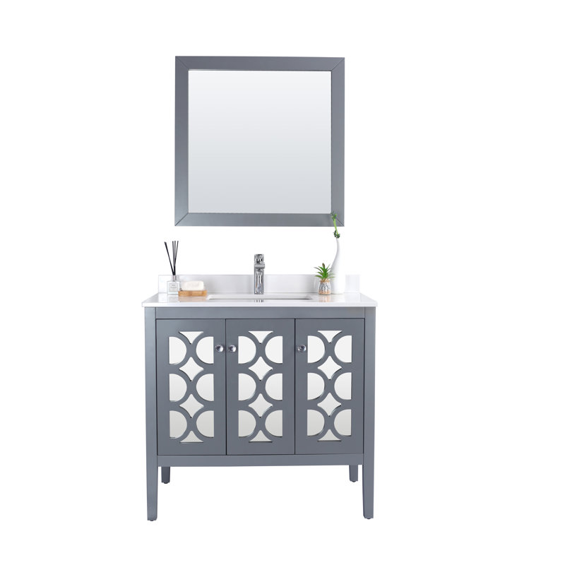 Caballero 36'' Single Bathroom Vanity with Stone Top, Gray, White Quartz