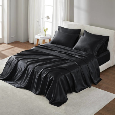 Drap de luxe divisé 7 pièces en satin 100% satin noir, texture douce et lisse, 1 plat, 2 ajustés, 4 taies d'oreiller froissées, doux,