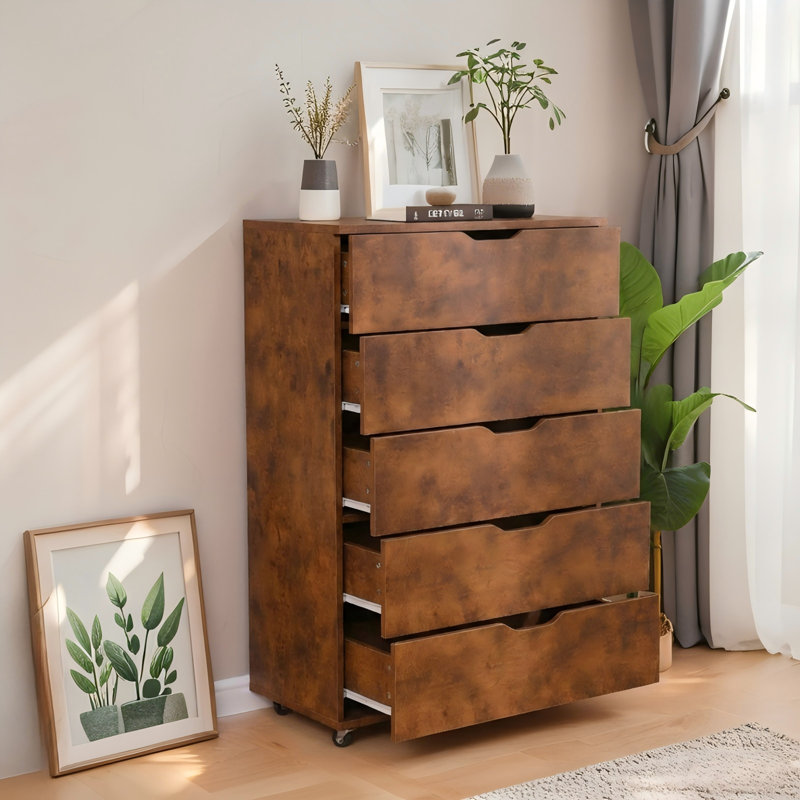 Dark Brown 5-Drawer Dresser On Wheels, Brun rustique