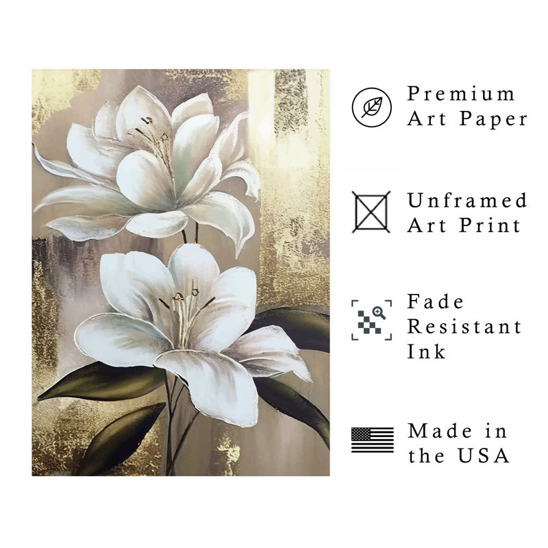 Impression florale blanche de magnolias blancs sur fond doré, H 16 po x l 12 po