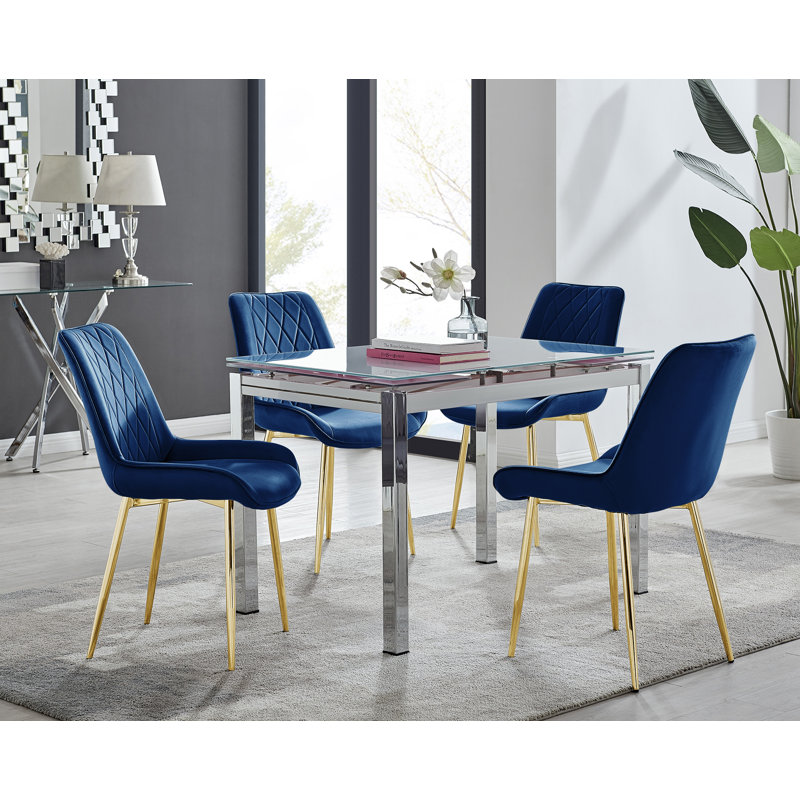 Tierra Modern Glass & Metal Extendable Dining Table Set & 4 Luxury Upholstered Velvet Dining Chairs, Navy/Gold